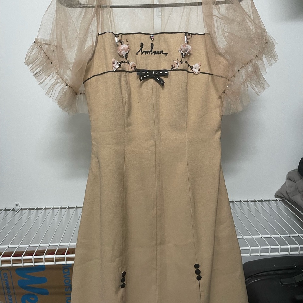 Beige Dress with Sheer Sleeves and Bow Detail